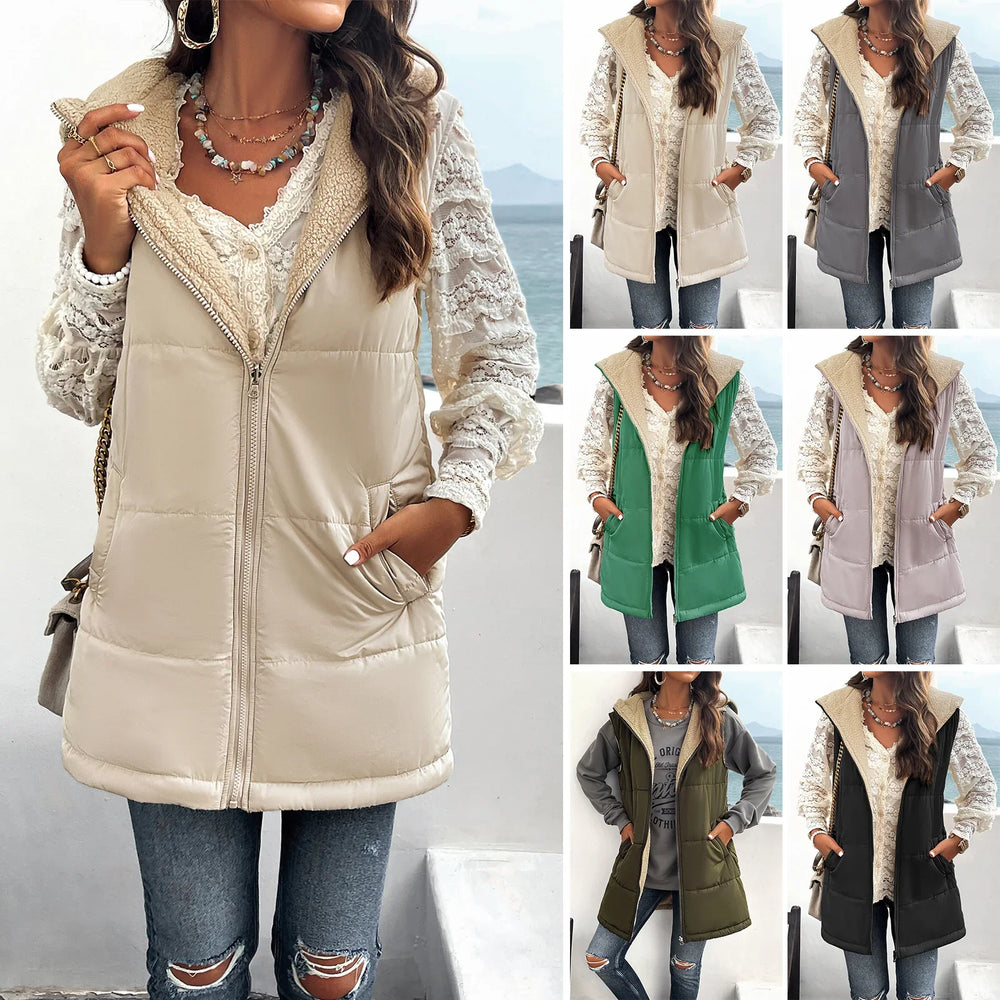 Women wearing sleeveless puffer vests with sherpa lining in beige, gray, green, lavender, olive, and black colors