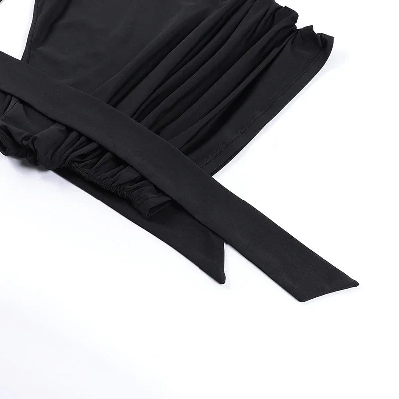 Black fabric belt with gathered elastic detail on a white background