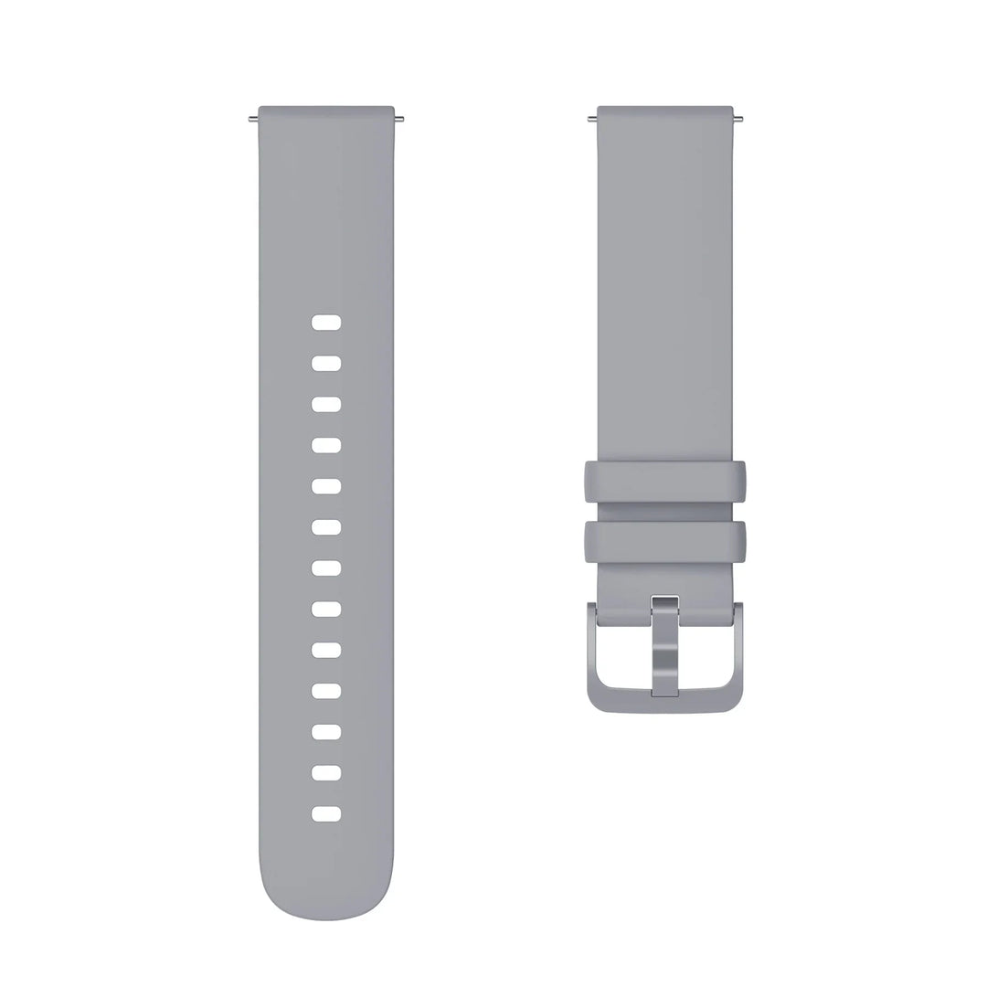 Light gray silicone watch strap with multiple adjustment holes and a metal buckle