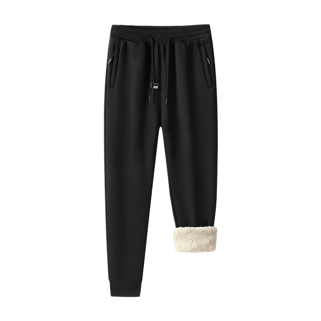 Black fleece-lined jogger pants with drawstring waist and zippered pockets, cozy winter wear