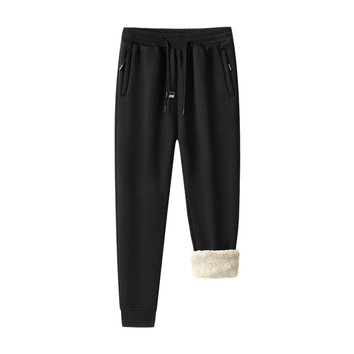 Black fleece-lined jogger pants with drawstring waist and zippered pockets, cozy winter wear