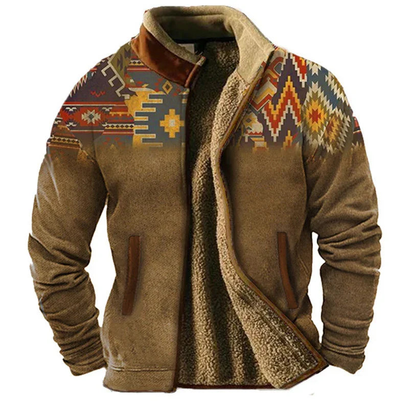 Brown fleece jacket with Aztec pattern on shoulders and sherpa lining
