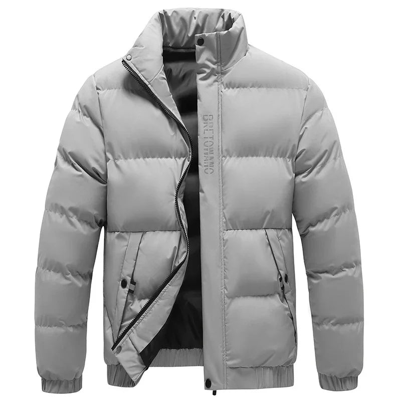 Light gray men's puffer jacket with high collar, front zipper, buttoned pockets, and elastic cuffs