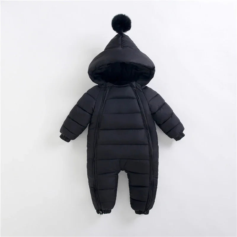 Black padded baby snowsuit with hood and pom pom on top, featuring front zippers and elastic cuffs