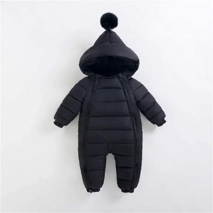 Black padded baby snowsuit with hood and pom pom on top, featuring front zippers and elastic cuffs