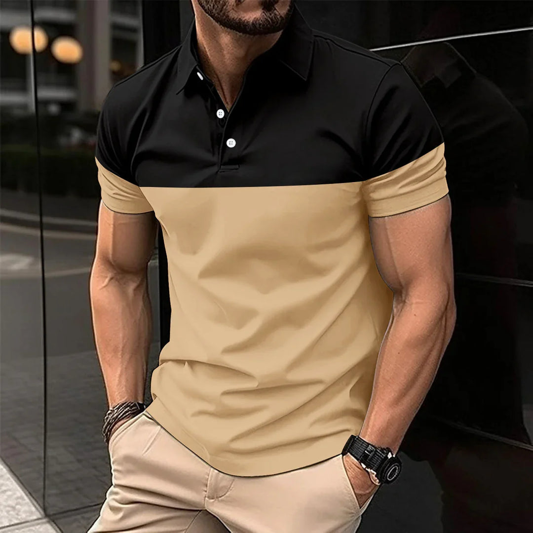Man wearing fitted short-sleeve polo shirt with black top and beige bottom in urban setting
