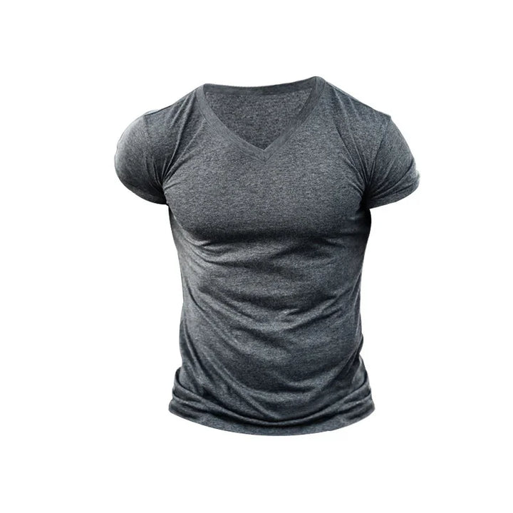 men's slim fit dark gray V-neck t-shirt with short sleeves isolated on white