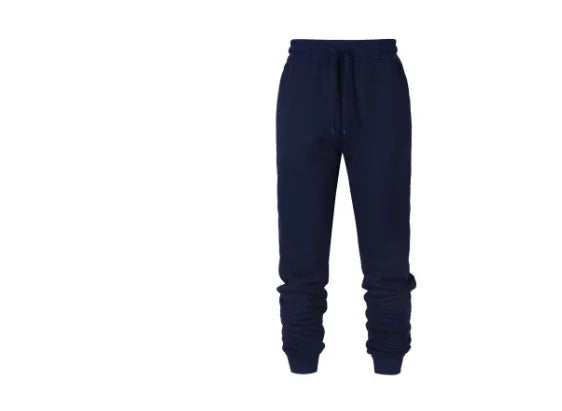 Navy blue jogger sweatpants with elastic waistband and ankle cuffs on white background