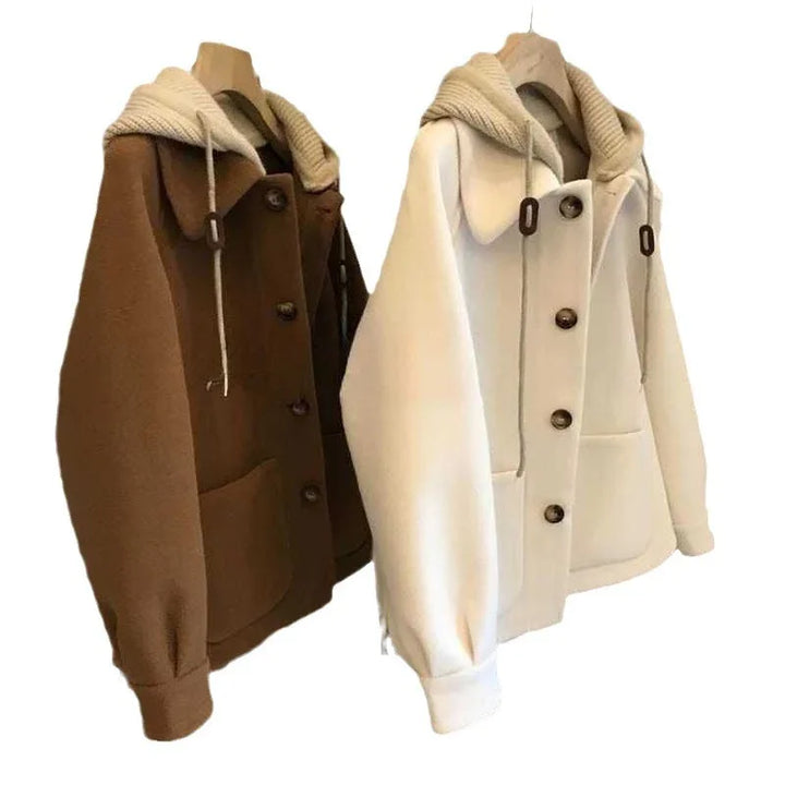 Cozy wool blend hooded jackets in brown and off-white with large buttons and front pockets