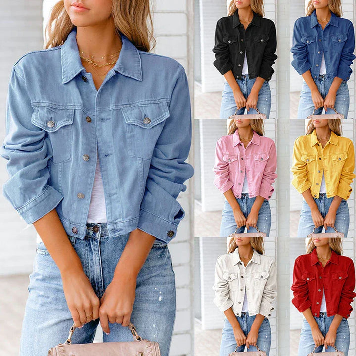 Women wearing casual denim jackets in black, blue, pink, yellow, white, and red paired with jeans and holding a beige handbag