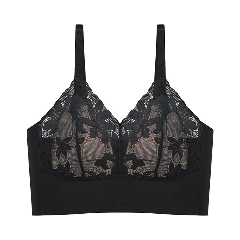 Black lace bralette with floral patterns and adjustable straps on white background