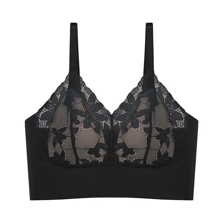 Black lace bralette with floral patterns and adjustable straps on white background