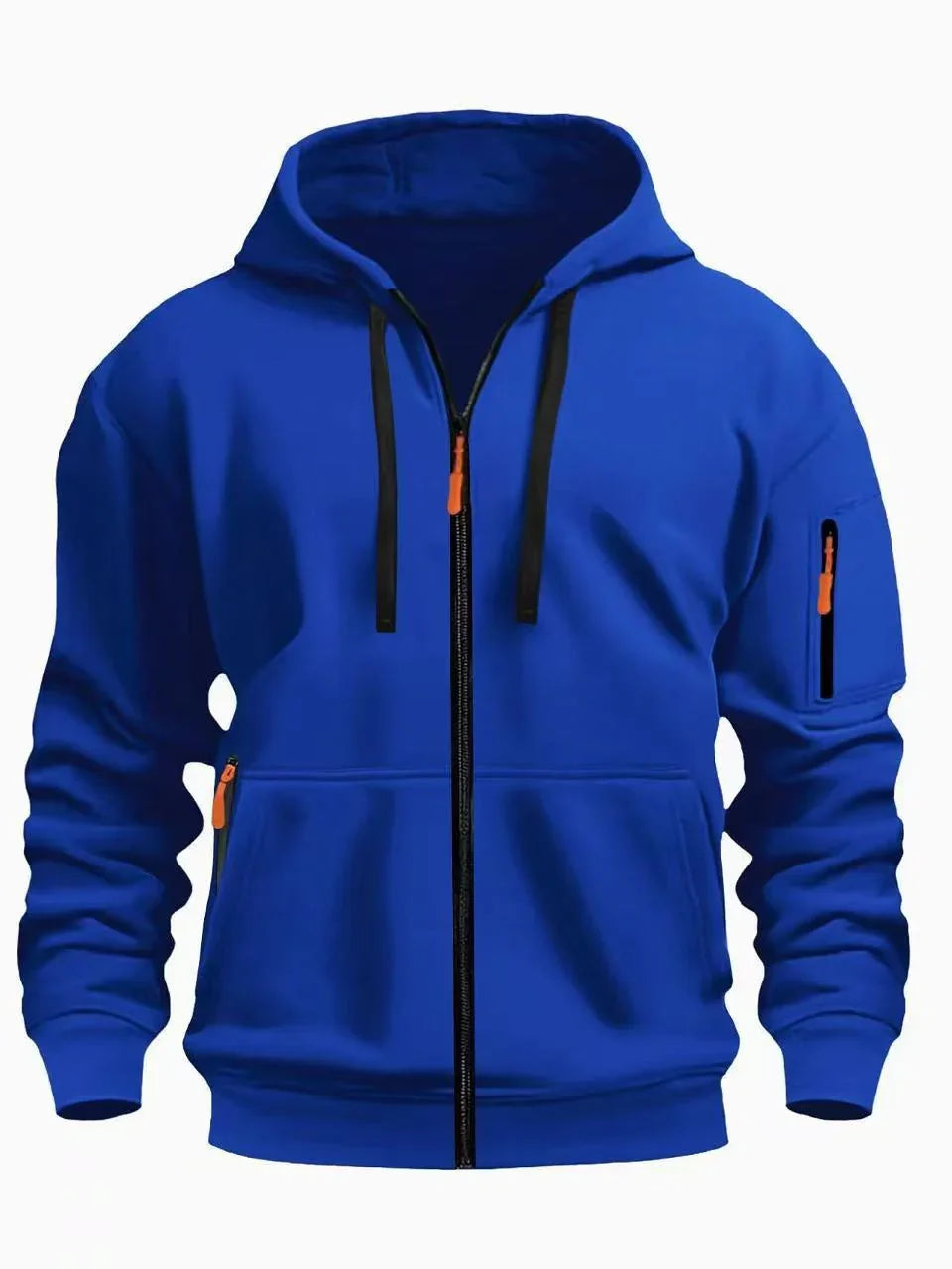 Blue zip-up hoodie with black drawstrings and orange zipper pulls, featuring a zippered arm pocket