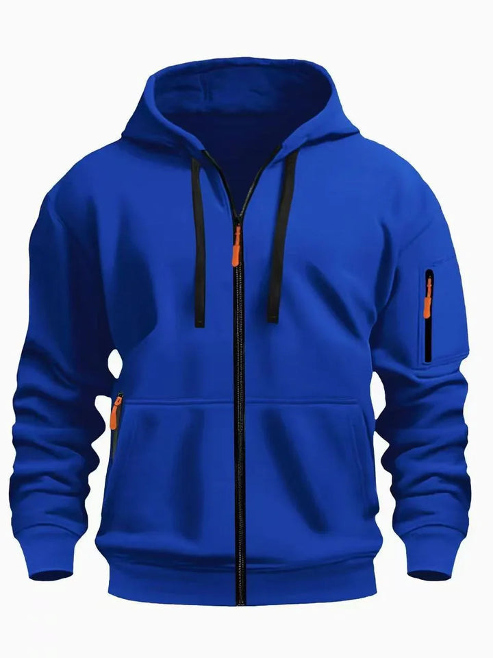 Blue zip-up hoodie with black drawstrings and orange zipper pulls, featuring a zippered arm pocket