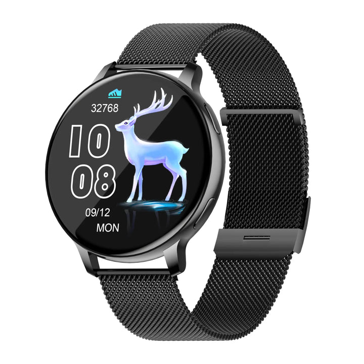 Black mesh band smart watch with digital deer design and step counter on screen