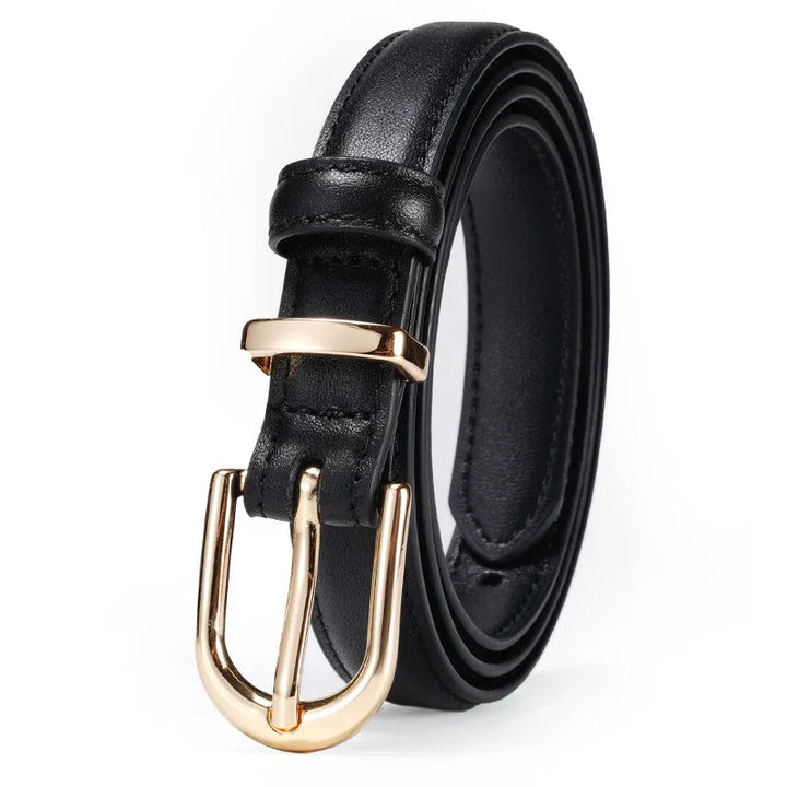Black leather belt with gold-tone rounded buckle and loop, rolled up on white background