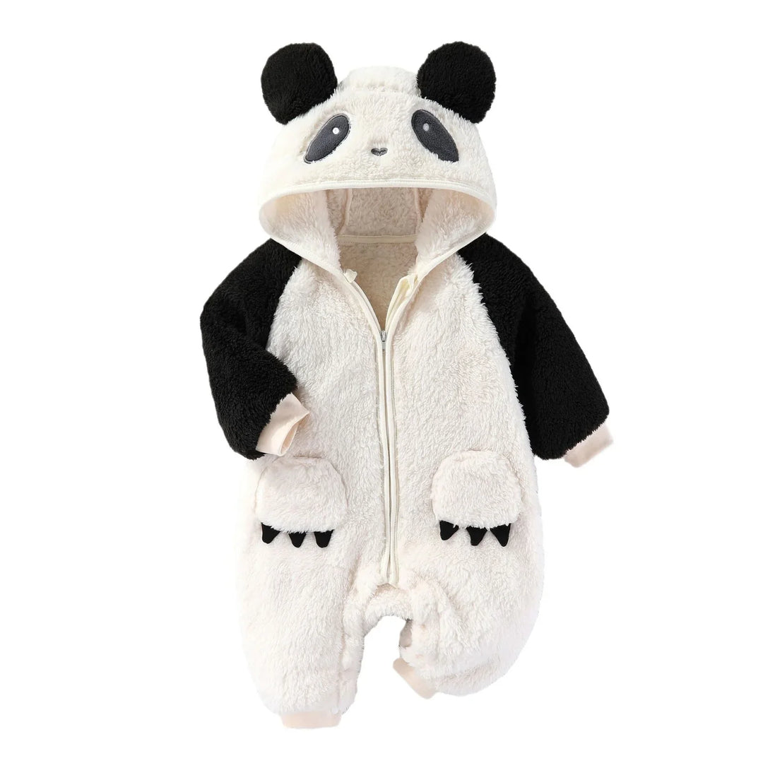 Soft baby panda onesie with hood featuring ears, eyes, and mitt pockets on white background