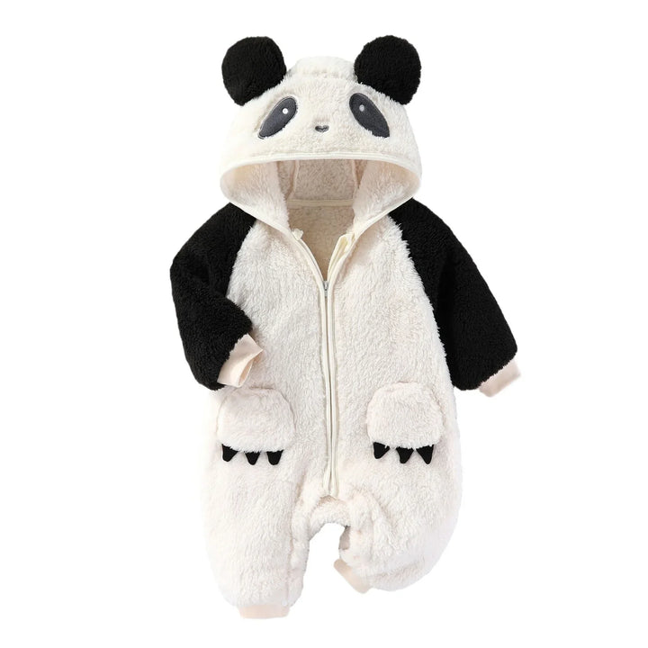 Soft baby panda onesie with hood featuring ears, eyes, and mitt pockets on white background