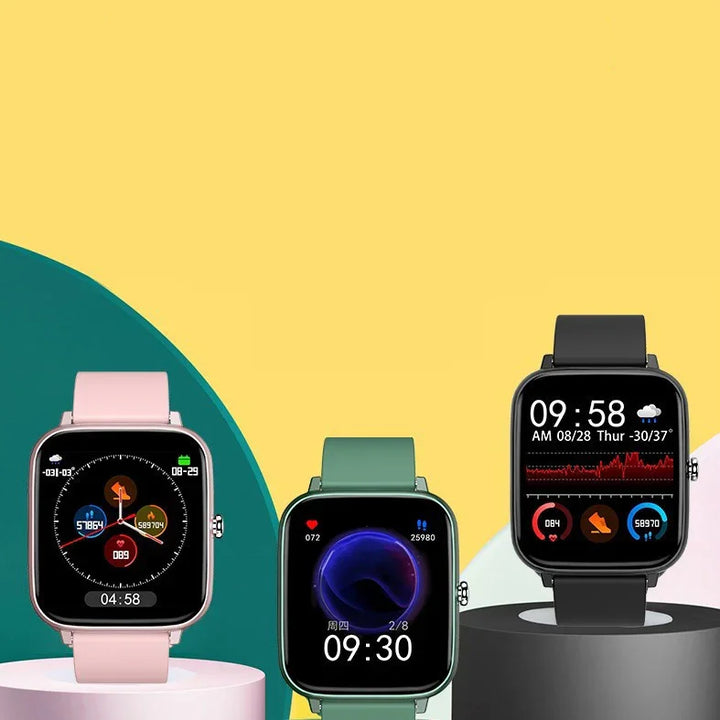 Three smartwatches with fitness tracking displays in pink, green, and black bands on colorful podiums