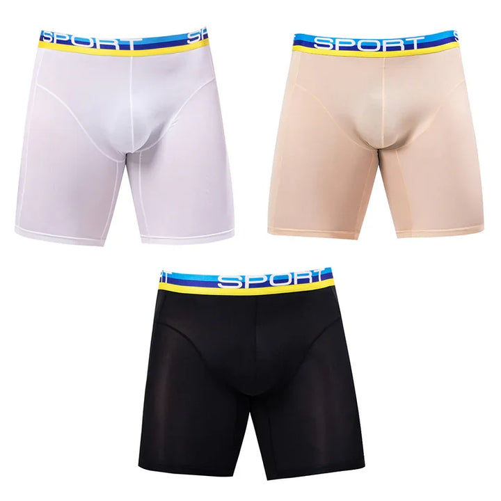 Three men's sport boxer briefs in white, beige, and black with blue and yellow waistbands