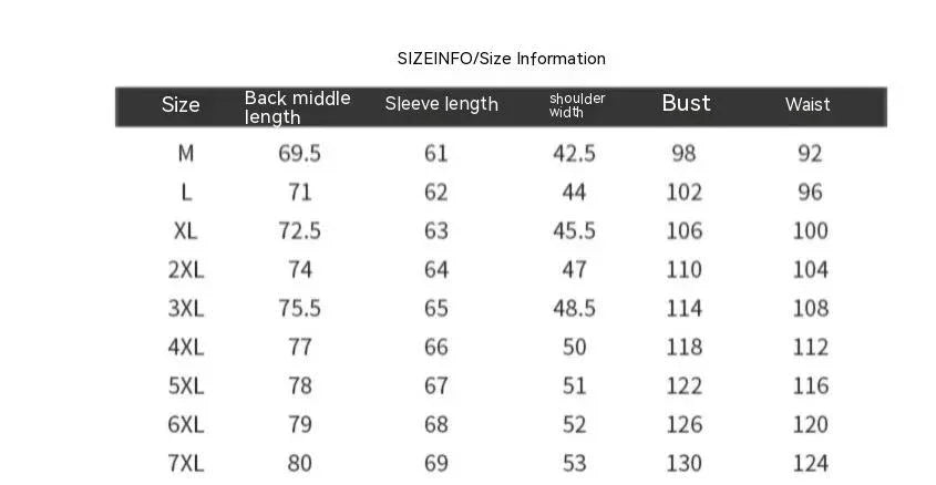 Clothing size chart showing measurements for sizes M to 7XL including back length, sleeve length, shoulder width, bust, and waist