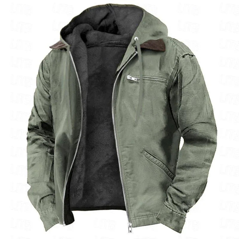 Men's green jacket with black fleece lining, zip front, chest and side pockets, and hood with drawstrings
