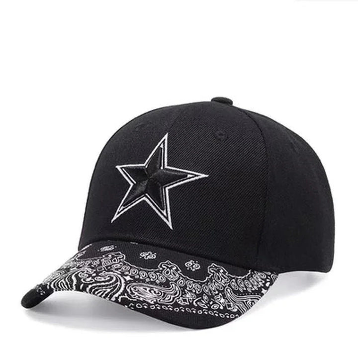 Black baseball cap with white outlined star and paisley bandana pattern on curved brim