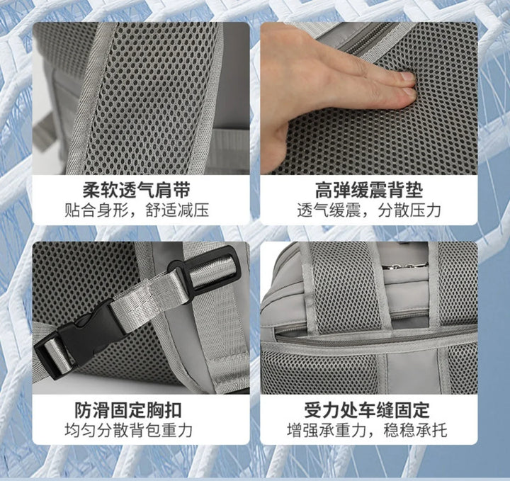 Close-up of gray breathable backpack straps, cushioned back pad, chest buckle, and reinforced stitching details