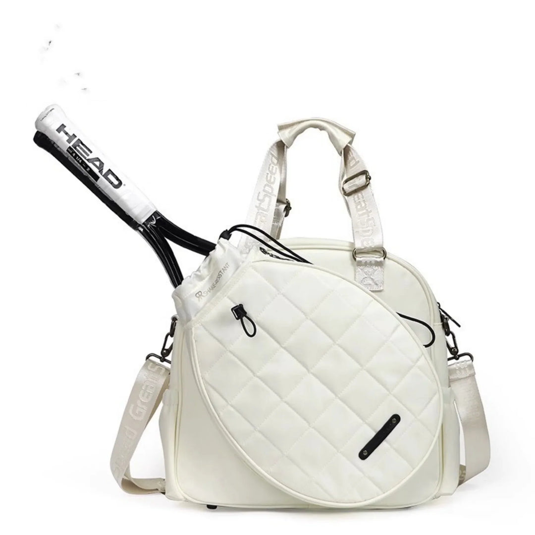 White quilted tennis bag with HEAD tennis racket, stylish sports gear on white background