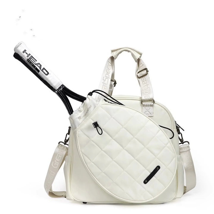 White quilted tennis bag with HEAD tennis racket, stylish sports gear on white background