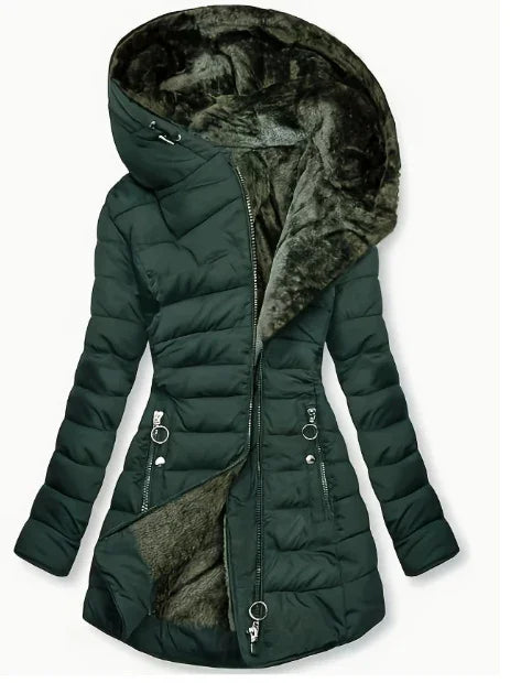 Dark green quilted women's winter coat with plush fur-lined large hood and zippered pockets