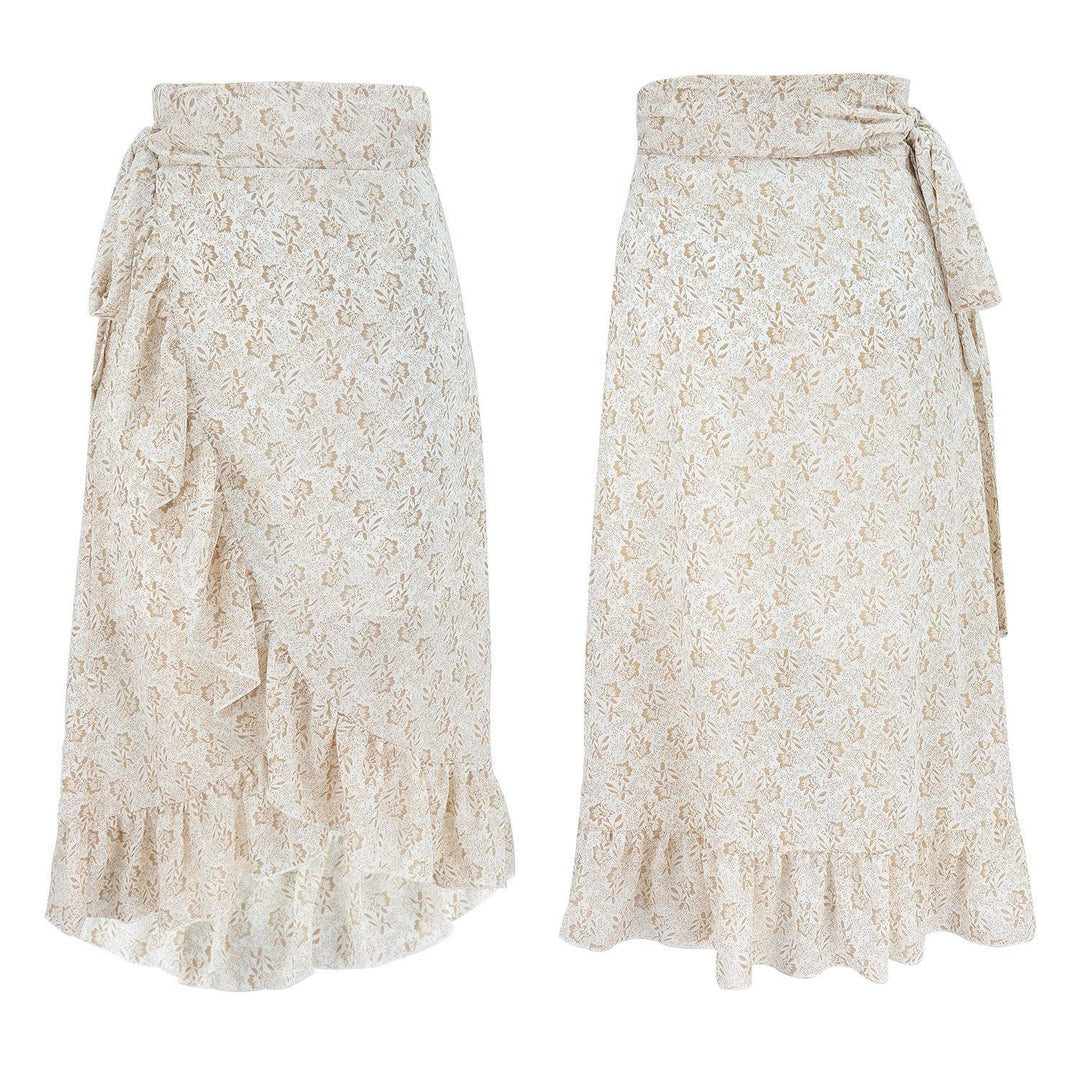 Beige floral wrap skirt with ruffle hem and side tie detail, front and back views