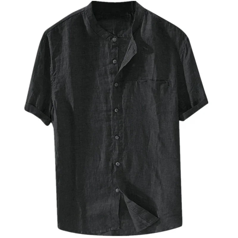 Black short-sleeve linen shirt with button-up front and band collar