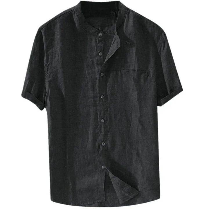 Black short-sleeve linen shirt with button-up front and band collar