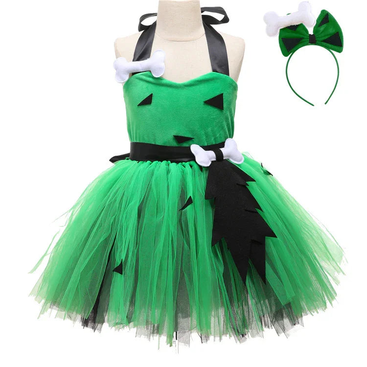 Green and black tutu dress with bone accents and matching headband on mannequin