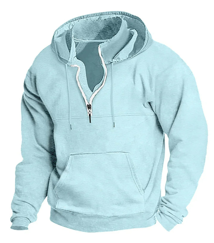 Light blue half-zip pullover hoodie with front pocket and drawstring hood