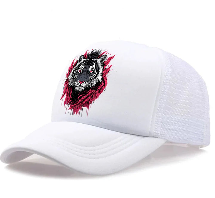 White mesh trucker cap with black and white tiger face design surrounded by red feathers