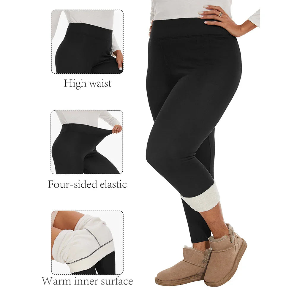 Black high-waist leggings with four-sided elastic stretch and warm fleece inner surface, styled with beige boots
