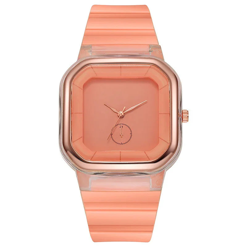 Modern square rose gold watch with peach silicone strap and minimalist dial