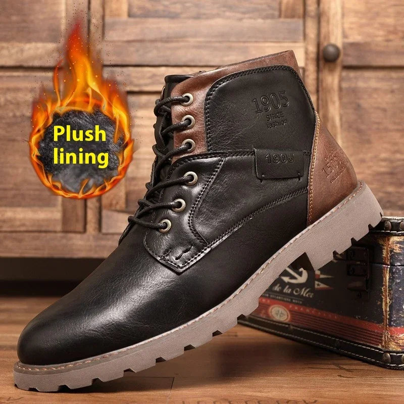 Black and brown leather winter boot with plush lining and rugged sole on wooden floor