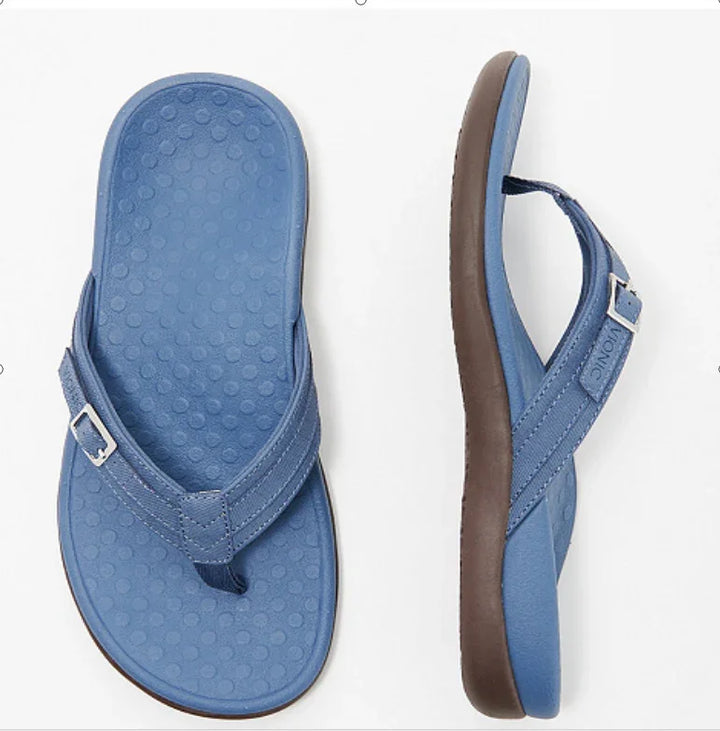 Blue thong sandals with textured footbed and brown sole, featuring adjustable strap with buckle