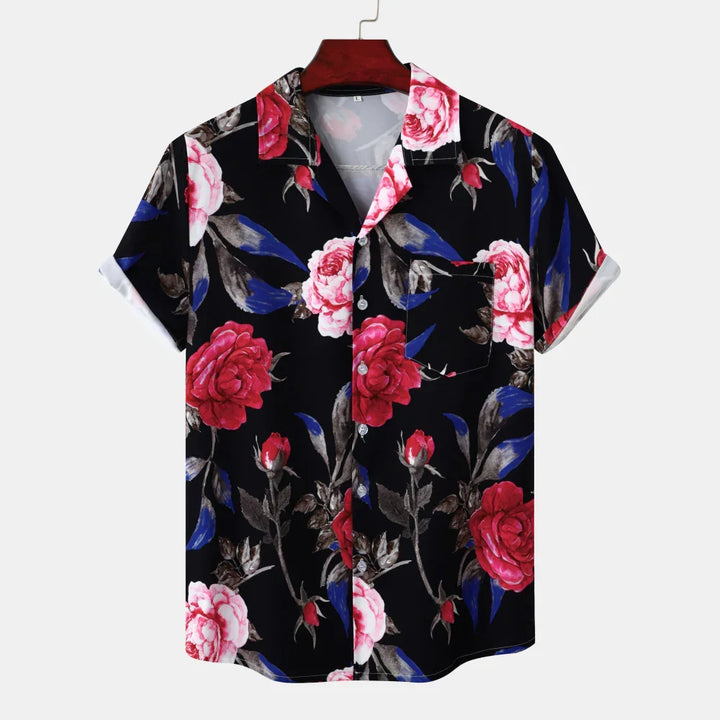 Black short-sleeve button-up shirt with red and pink rose floral print and blue leaves