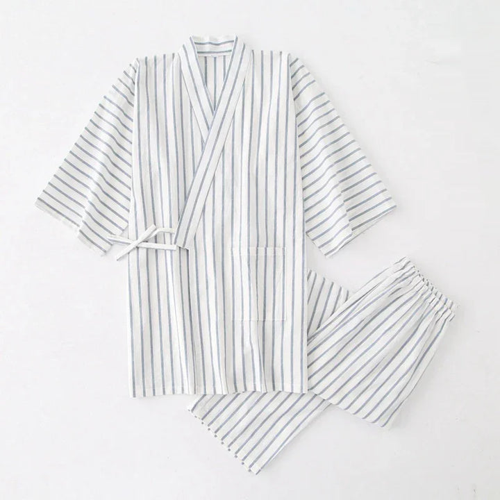 white and grey striped cotton kimono robe with matching elastic waist pants
