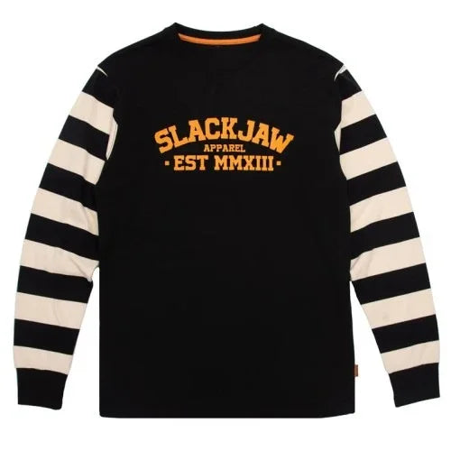 Black long-sleeve shirt with white and black striped sleeves and orange Slackjaw Apparel logo