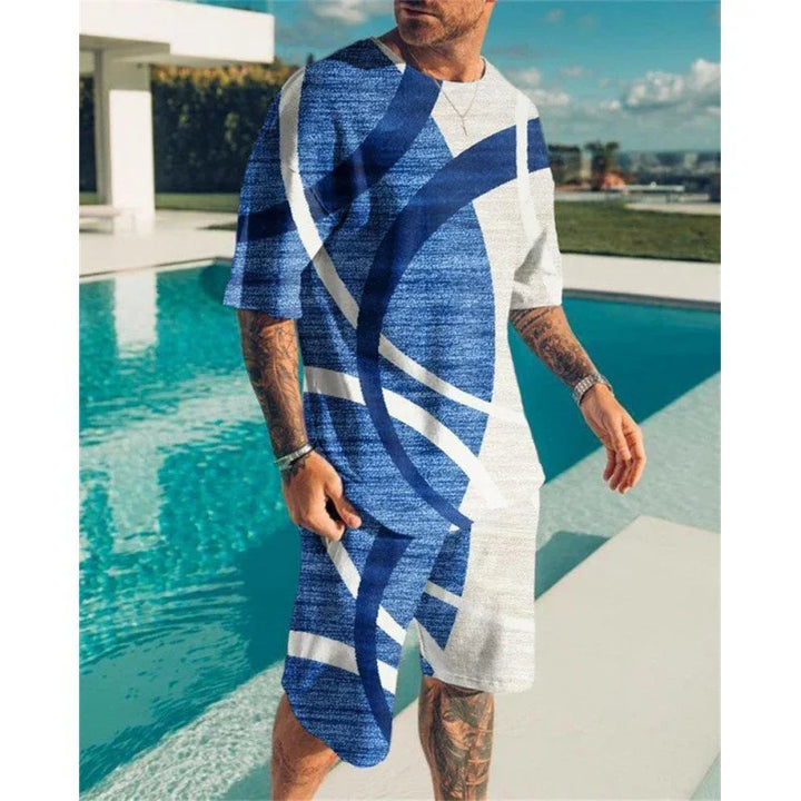 Man wearing blue and white abstract pattern casual two-piece outfit by poolside on sunny day