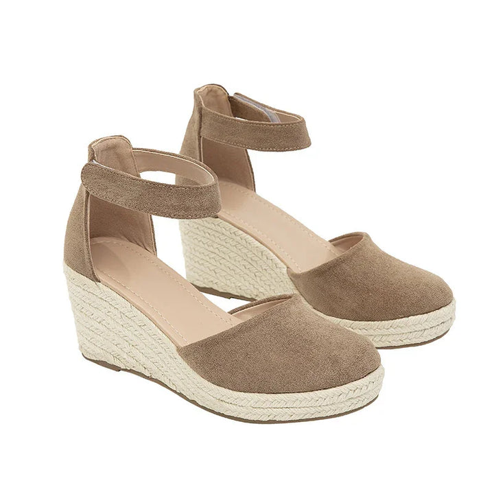 Taupe suede wedge espadrille sandals with ankle strap and woven jute platform sole