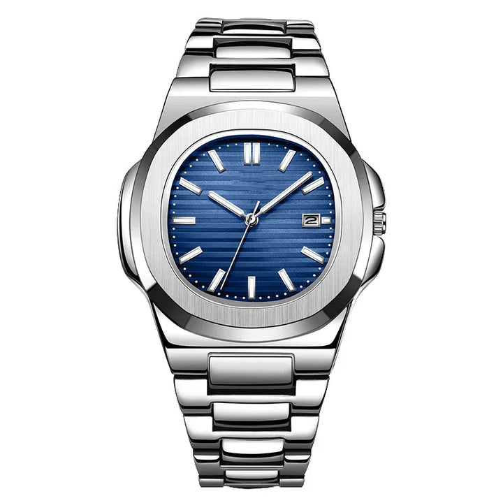 Silver stainless steel wristwatch with blue horizontal striped dial and date display
