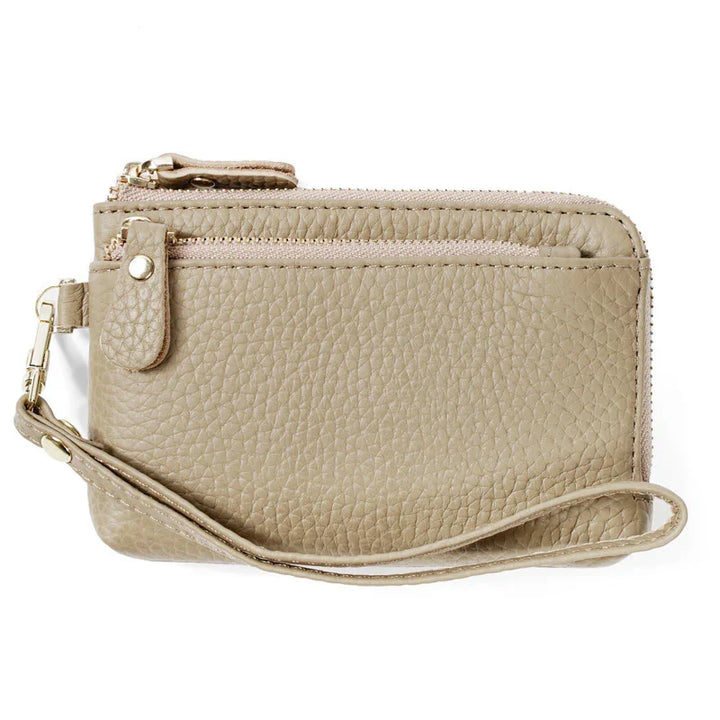 Beige textured leather wristlet wallet with zipper pockets and gold-tone hardware