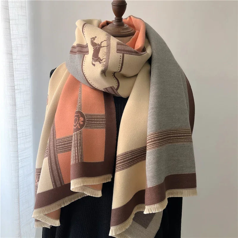 Elegant multicolor winter scarf with horse print and geometric patterns on mannequin