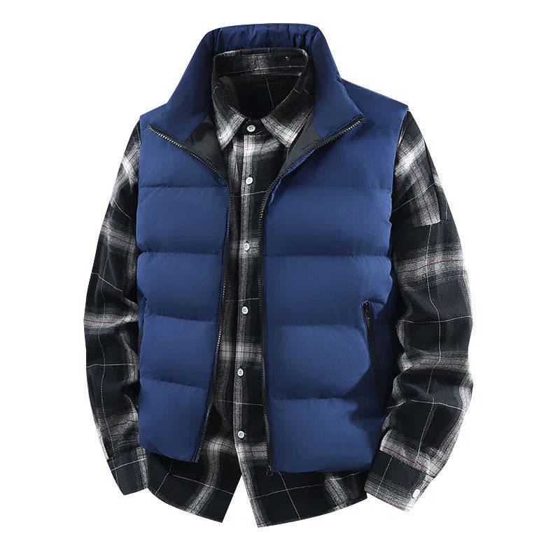 blue puffer vest layered over black and white plaid shirt on white background